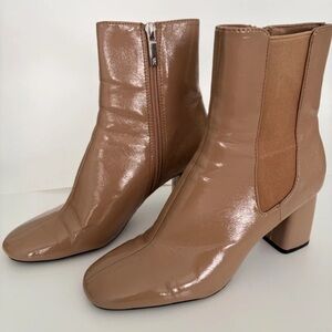 Zara Patent Block Heel Ankle Boots - Brown